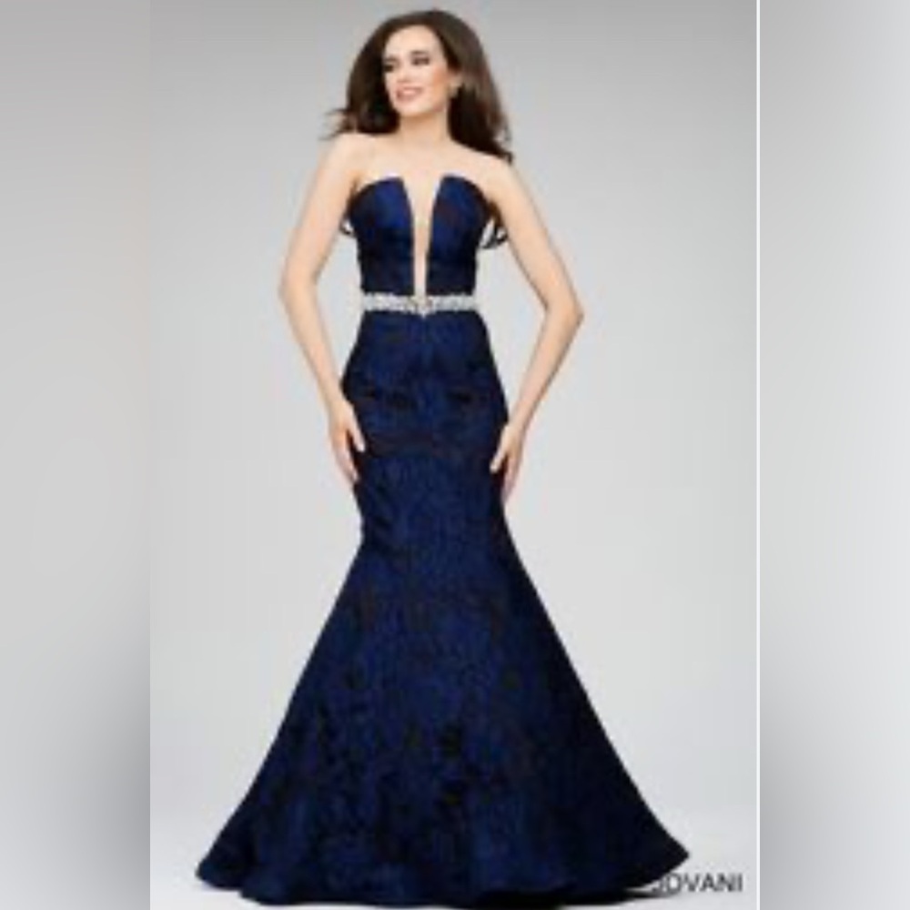 Jovani Blue & Black Strapless Evening Gown | Crystal Embellished Formal Dress